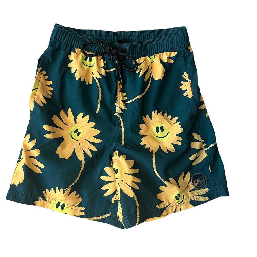 Neff Mens Sunflower Dazey Smiley Face Swim Trunks Teal Green Board Shorts Small